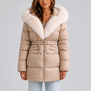 Women’s Hooded Puffer Coat with Faux Fur Trim and Belt