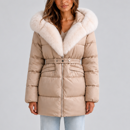 Women’s Hooded Puffer Coat with Faux Fur Trim and Belt