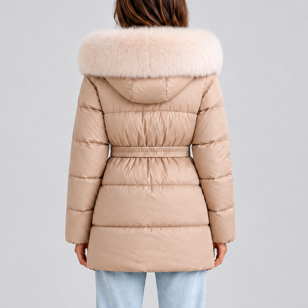 Women’s Hooded Puffer Coat with Faux Fur Trim and Belt