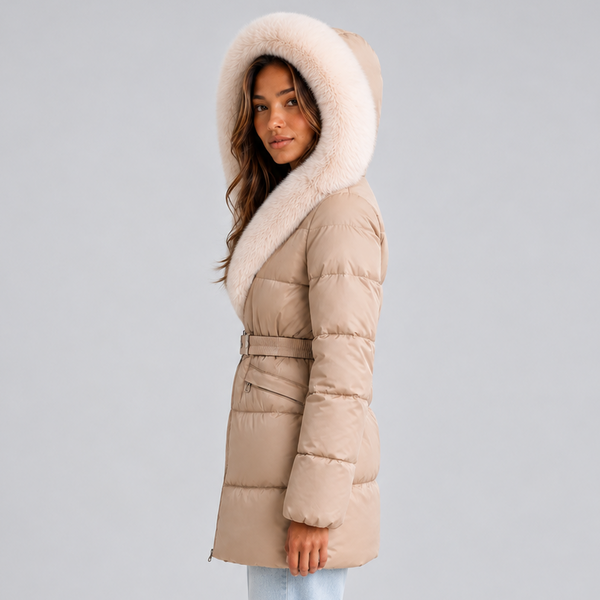 Women’s Hooded Puffer Coat with Faux Fur Trim and Belt