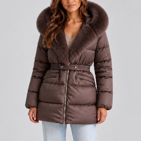 Women’s Hooded Puffer Coat with Faux Fur Trim and Belt