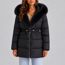 Women’s Hooded Puffer Coat with Faux Fur Trim and Belt