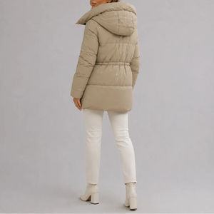 Women's Hooded Puffer Coat with Drawstring Waist and Zip Pockets