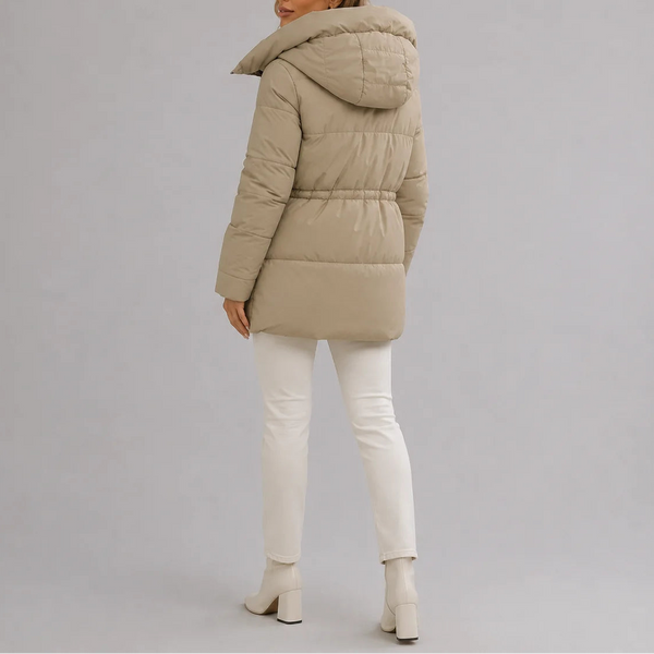 Women's Hooded Puffer Coat with Drawstring Waist and Zip Pockets
