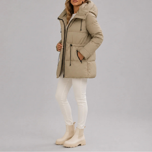 Women's Hooded Puffer Coat with Drawstring Waist and Zip Pockets