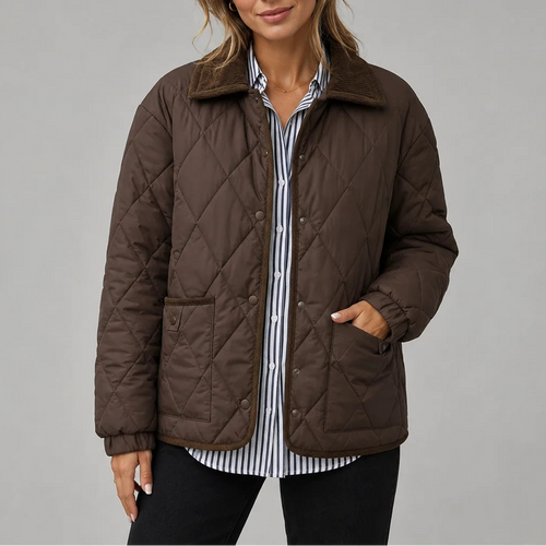 Women's Diamond Quilted Jacket with Corduroy Collar and Pockets