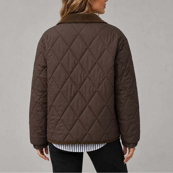 Women's Diamond Quilted Jacket with Corduroy Collar and Pockets