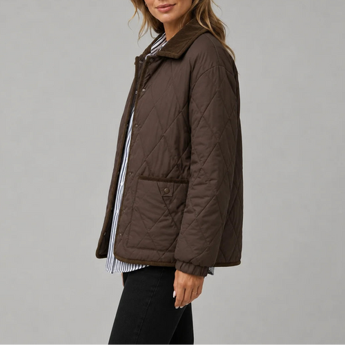 Women's Diamond Quilted Jacket with Corduroy Collar and Pockets