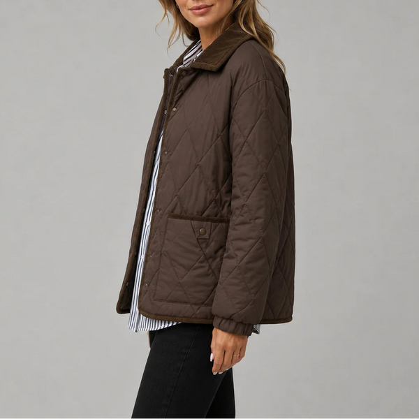 Women's Diamond Quilted Jacket with Corduroy Collar and Pockets