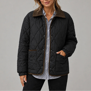 Women's Diamond Quilted Jacket with Corduroy Collar and Pockets