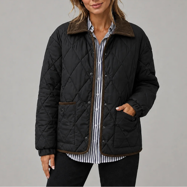 Women's Diamond Quilted Jacket with Corduroy Collar and Pockets