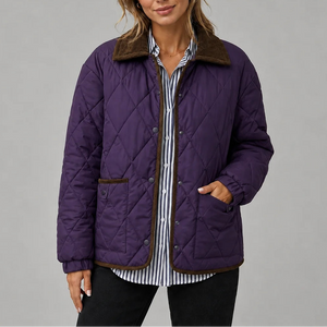 Women's Diamond Quilted Jacket with Corduroy Collar and Pockets