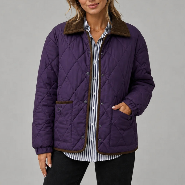 Women's Diamond Quilted Jacket with Corduroy Collar and Pockets