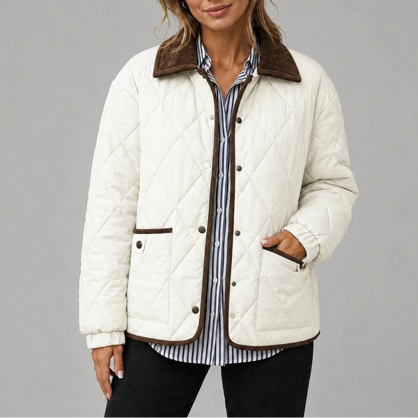 Women's Diamond Quilted Jacket with Corduroy Collar and Pockets