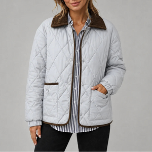 Women's Diamond Quilted Jacket with Corduroy Collar and Pockets