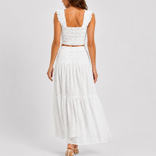 Women's Shirred Co Ord Set Crop Top Maxi Skirt
