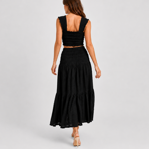 Women's Shirred Co Ord Set Crop Top Maxi Skirt