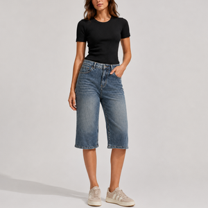 Women's Denim Bermuda Shorts High Waisted Knee Length Straight Leg