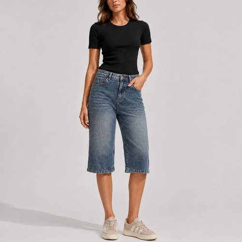 Women's Denim Bermuda Shorts High Waisted Knee Length Straight Leg