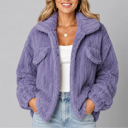 Women's Teddy Fleece Jacket with Wide Collar and Relaxed Fit