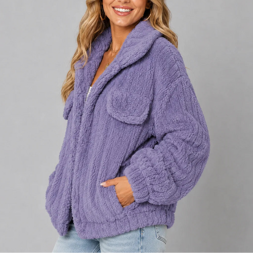 Women's Teddy Fleece Jacket with Wide Collar and Relaxed Fit