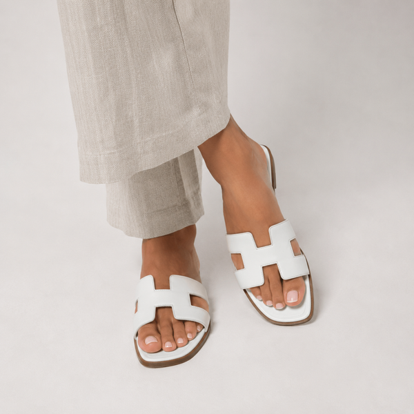 Women's Orthopedic Leather Slide Sandals | H Strap Flat Summer Slippers