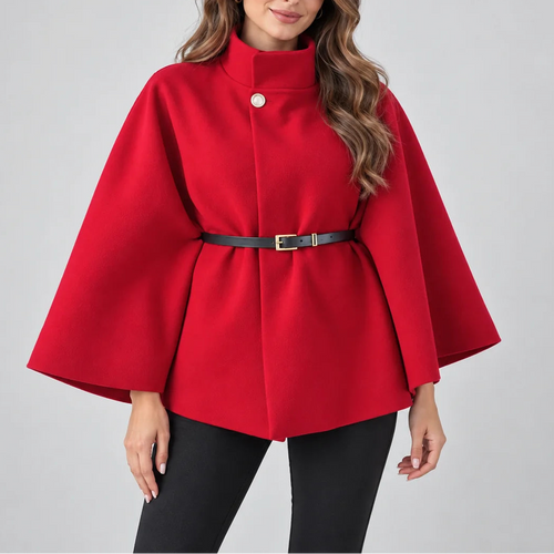 Women's Elegant High Neck Cape Coat – Belted Wool Look Jacket