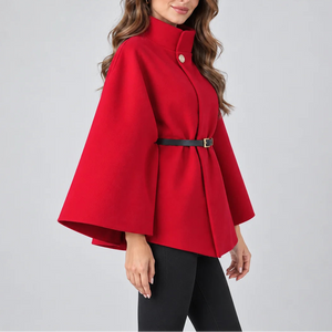 Women's Elegant High Neck Cape Coat – Belted Wool Look Jacket