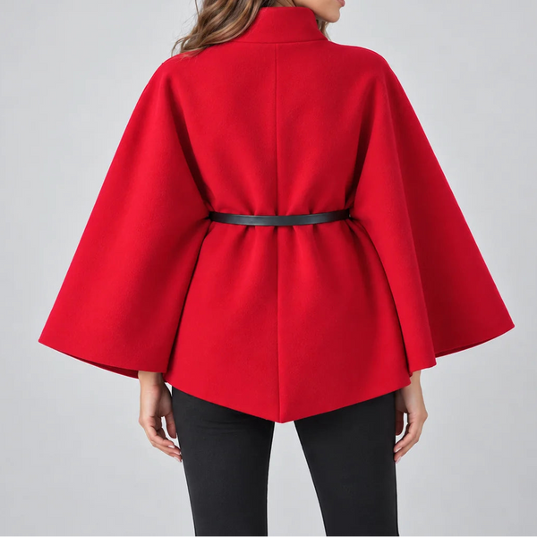 Women's Elegant High Neck Cape Coat – Belted Wool Look Jacket