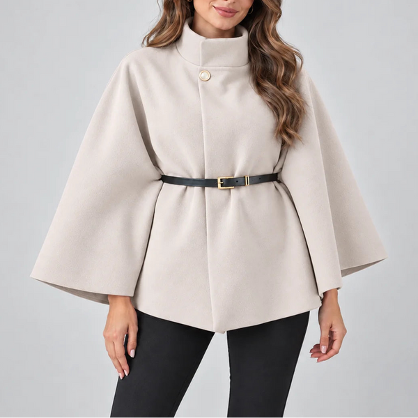 Women's Elegant High Neck Cape Coat – Belted Wool Look Jacket