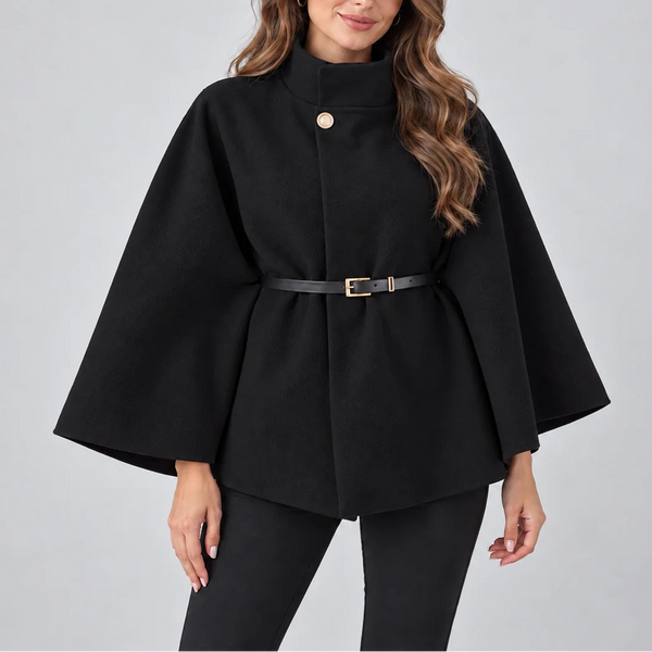 Women's Elegant High Neck Cape Coat – Belted Wool Look Jacket