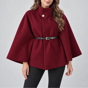 Women's Elegant High Neck Cape Coat – Belted Wool Look Jacket
