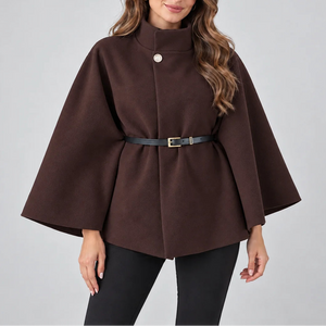 Women's Elegant High Neck Cape Coat – Belted Wool Look Jacket