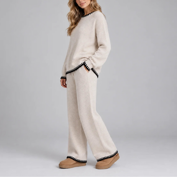 Women's Knitted Winter Lounge Set – Contrast Trim Sweater & Wide Leg Pants