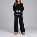Women's Knitted Winter Lounge Set – Contrast Trim Sweater & Wide Leg Pants