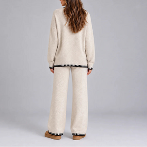 Women's Knitted Winter Lounge Set – Contrast Trim Sweater & Wide Leg Pants