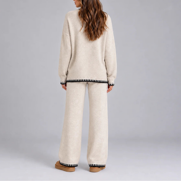 Women's Knitted Winter Lounge Set – Contrast Trim Sweater & Wide Leg Pants