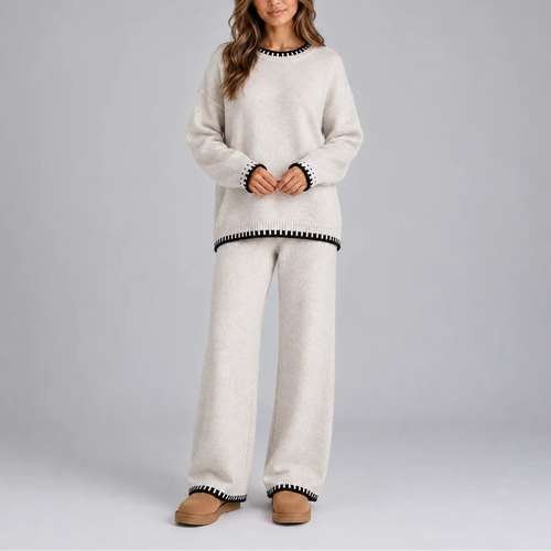 Women's Knitted Winter Lounge Set – Contrast Trim Sweater & Wide Leg Pants