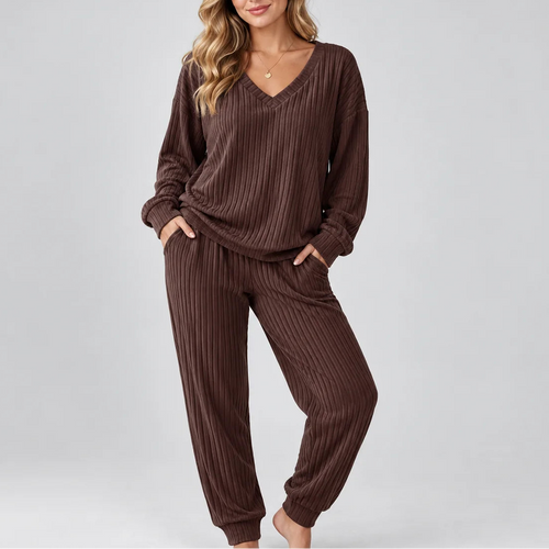 Women's V Neck Long Sleeve Ribbed Lounge Two Piece Set