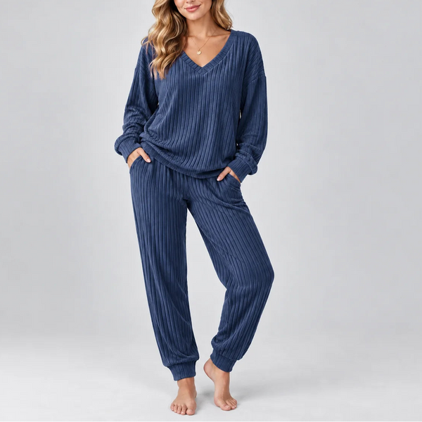 Women's V Neck Long Sleeve Ribbed Lounge Two Piece Set