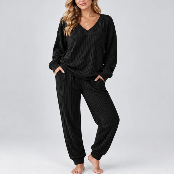 Women's V Neck Long Sleeve Ribbed Lounge Two Piece Set