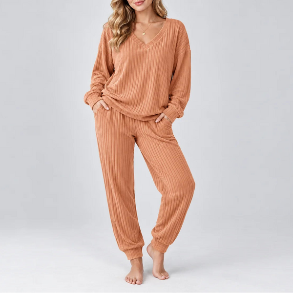 Women's V Neck Long Sleeve Ribbed Lounge Two Piece Set