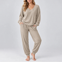 Women's V Neck Long Sleeve Ribbed Lounge Two Piece Set