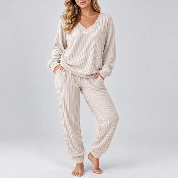 Women's V Neck Long Sleeve Ribbed Lounge Two Piece Set