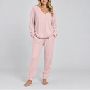 Women's V Neck Long Sleeve Ribbed Lounge Two Piece Set