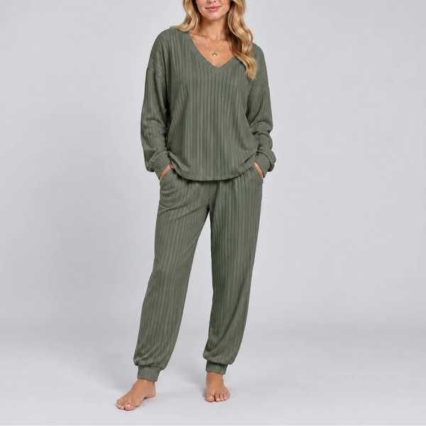 Women's V Neck Long Sleeve Ribbed Lounge Two Piece Set