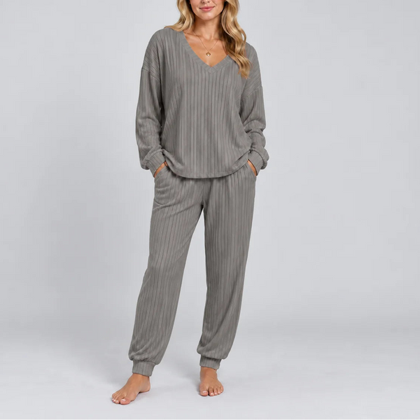 Women's V Neck Long Sleeve Ribbed Lounge Two Piece Set