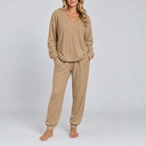 Women's V Neck Long Sleeve Ribbed Lounge Two Piece Set