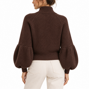 Women’s Cropped Knit Cardigan with Puff Sleeves and High Collar