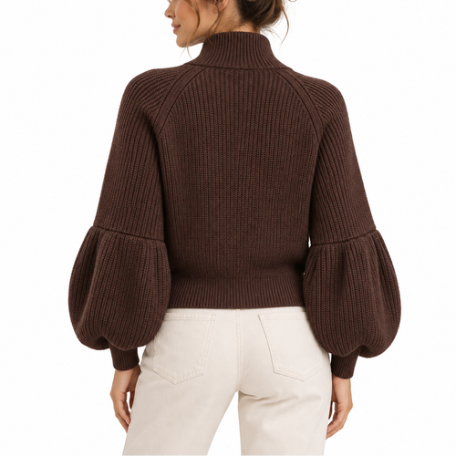 Women’s Cropped Knit Cardigan with Puff Sleeves and High Collar